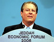 U.S. Former Vice President Al Gore talks during the 2nd day of Jeddah Economic Forum Sunday Feb. 12, 2006 in Jeddah, Saudi Arabia. (AP Photo/Kamran Jebreili)
