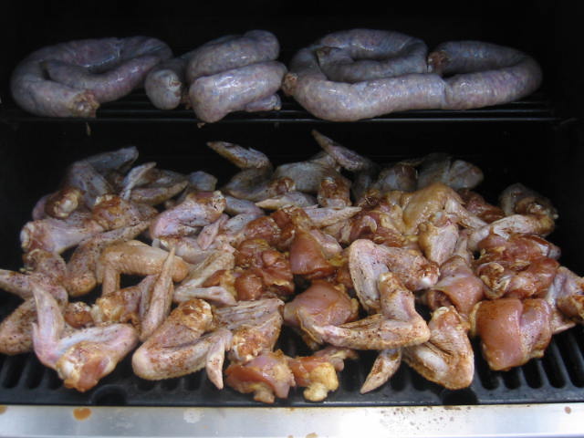Chicken and sausage on the grill